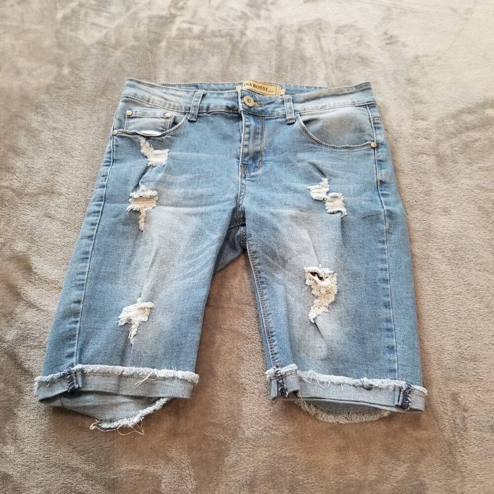 Nina Rossi Jeans Juniors Size 5 Bermuda Shorts Light Blue Destroyed Low-Rise